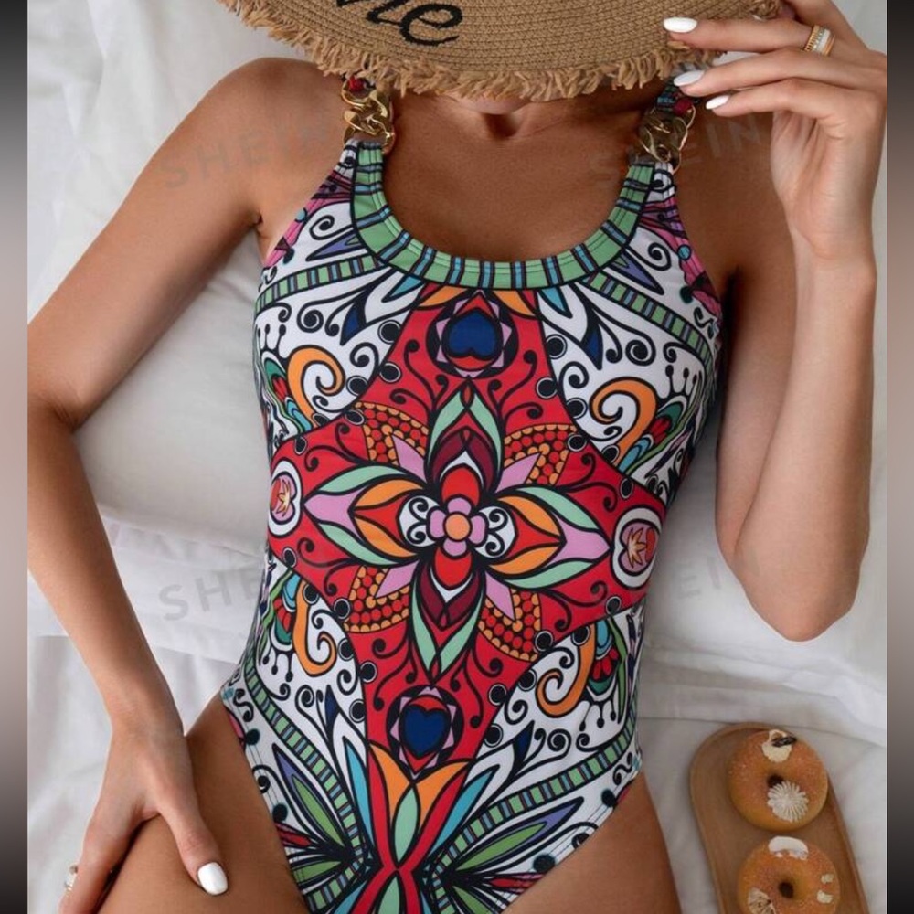 Swim Summer Beach Floral Print Chain Linked One Piece Swimsuit